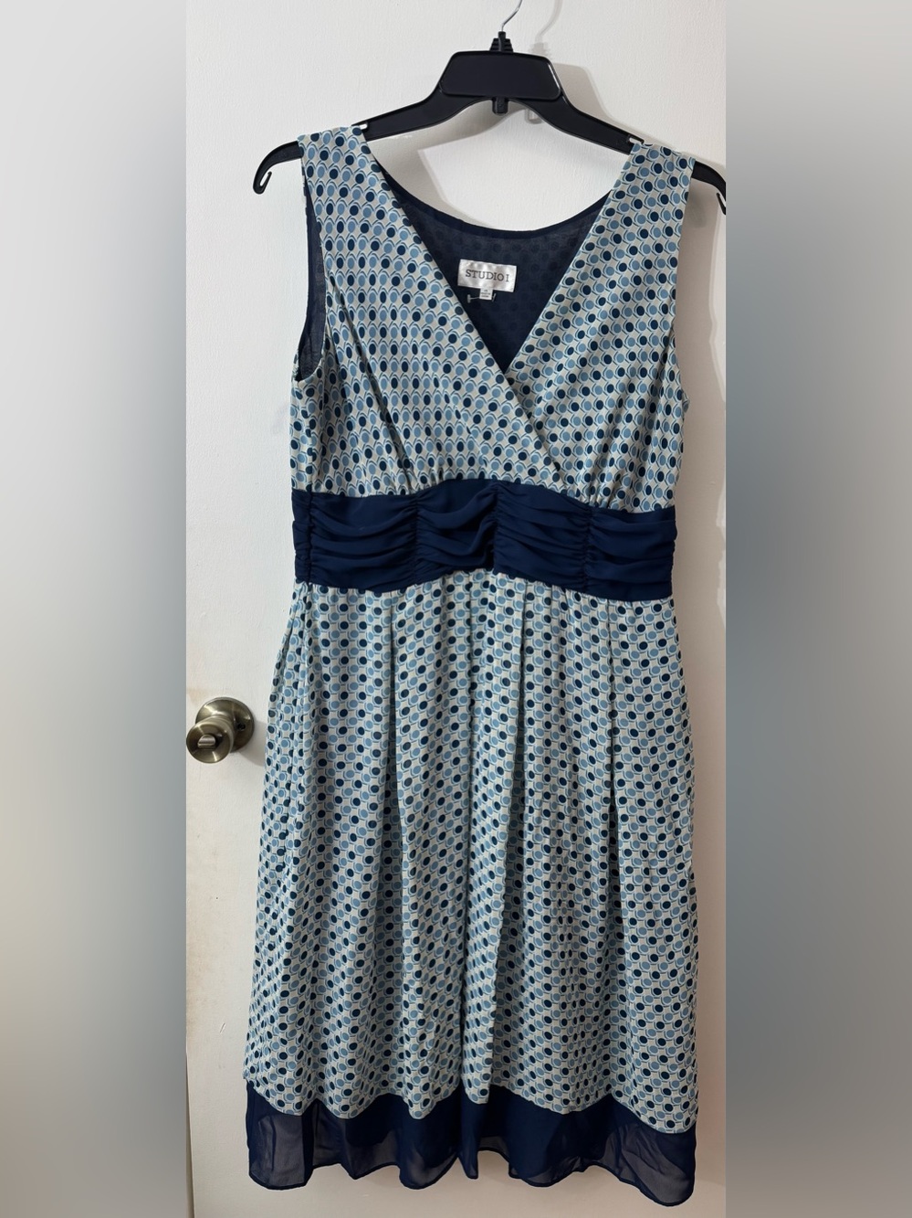 Studio I Blue and Navy Geometric V-Neck Midi Dress